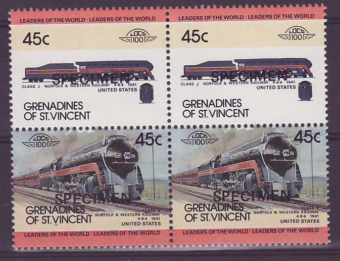 Grenadines of St Vincent 45c Train Class J Norfolk  ** Luxe Surcharge SPECIMEN Bloc de 4